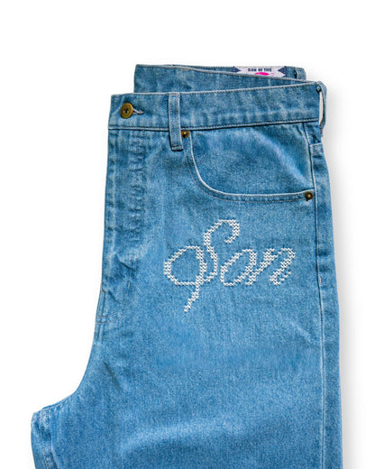EMBROIDERED WIDE DENIM PANTS